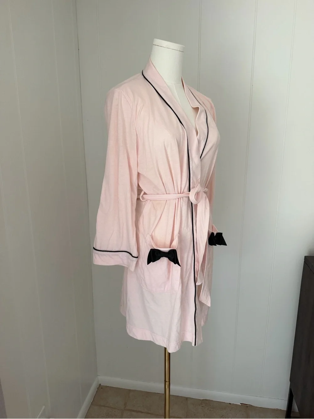 kate spade Light Pink Short Robe with Black Trim and Bow Accents